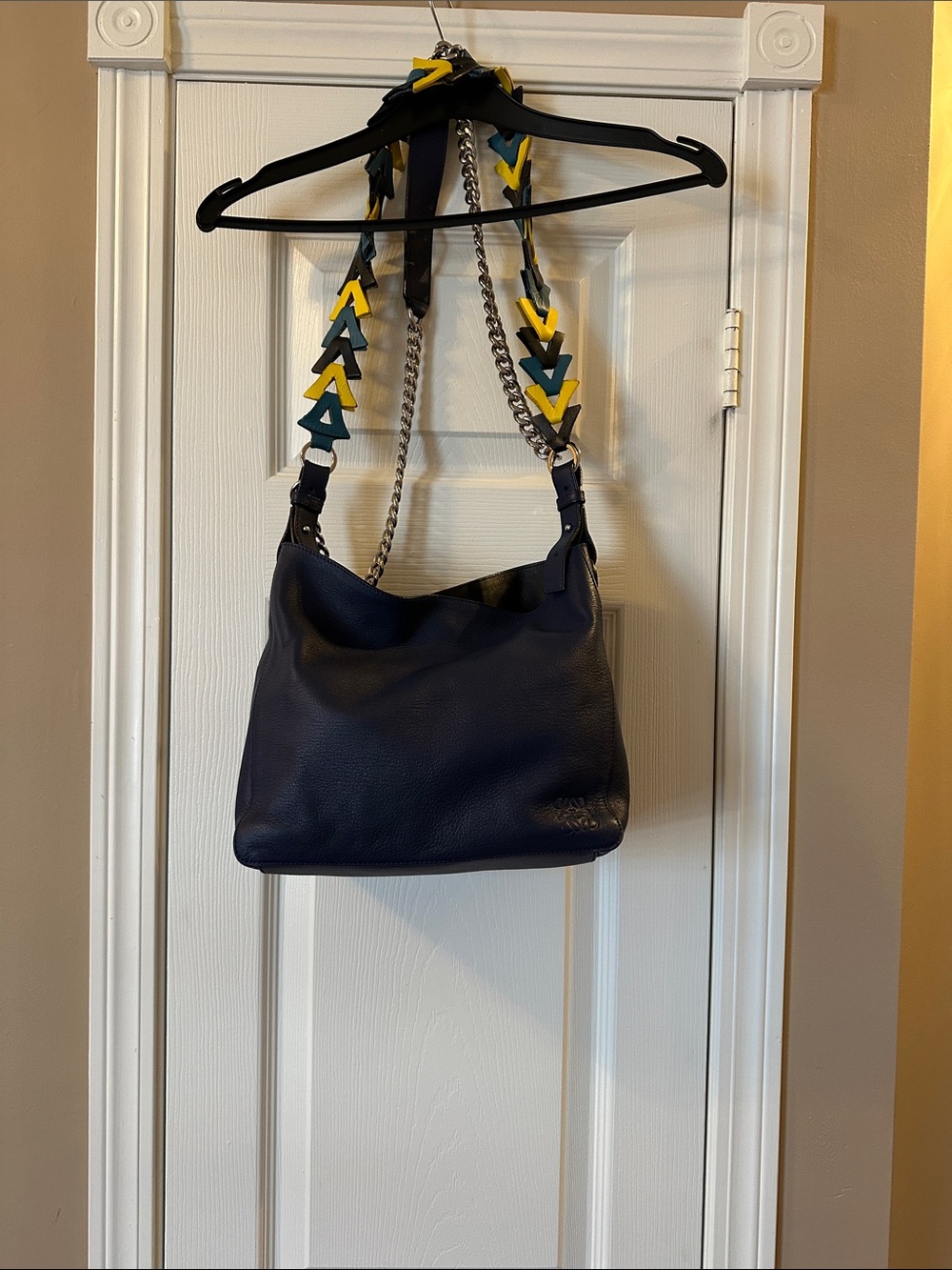 Loewe Navy Leather Hobo with Colorful Chevron Strap